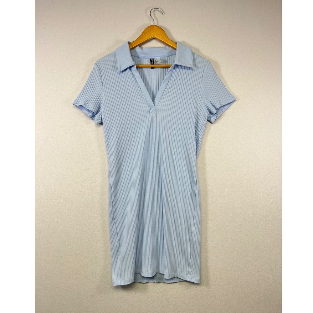 Coquette H&M Divided Polo Mini Dress Women XL Baby Blue Ribbed Knit Short Sleeve
